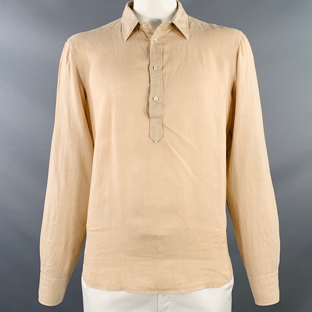 ASPESI Size XL Peach Linen Half Placket Long Sleeve Shirt
