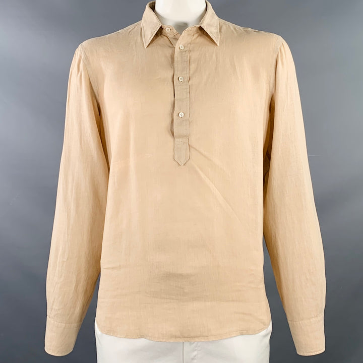 ASPESI Size XL Peach Linen Half Placket Long Sleeve Shirt