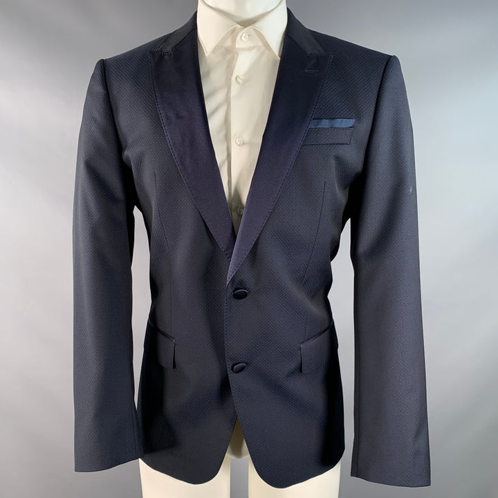 HUGO BOSS Size 42 Long Navy Blue Dots Virgin Wool Peak Lapel Sport Coat