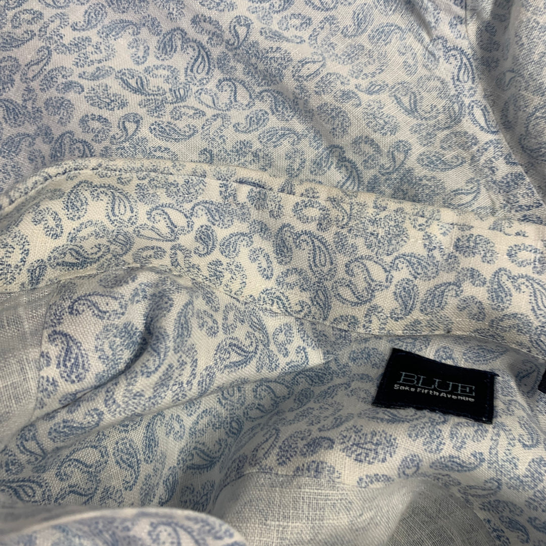 SAKS FIFTH AVENUE Size L White Blue Paisley Linen One Pocket Short Sleeve Shirt