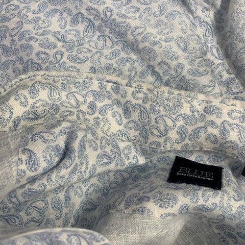 SAKS FIFTH AVENUE Size L White Blue Paisley Linen One Pocket Short Sleeve Shirt