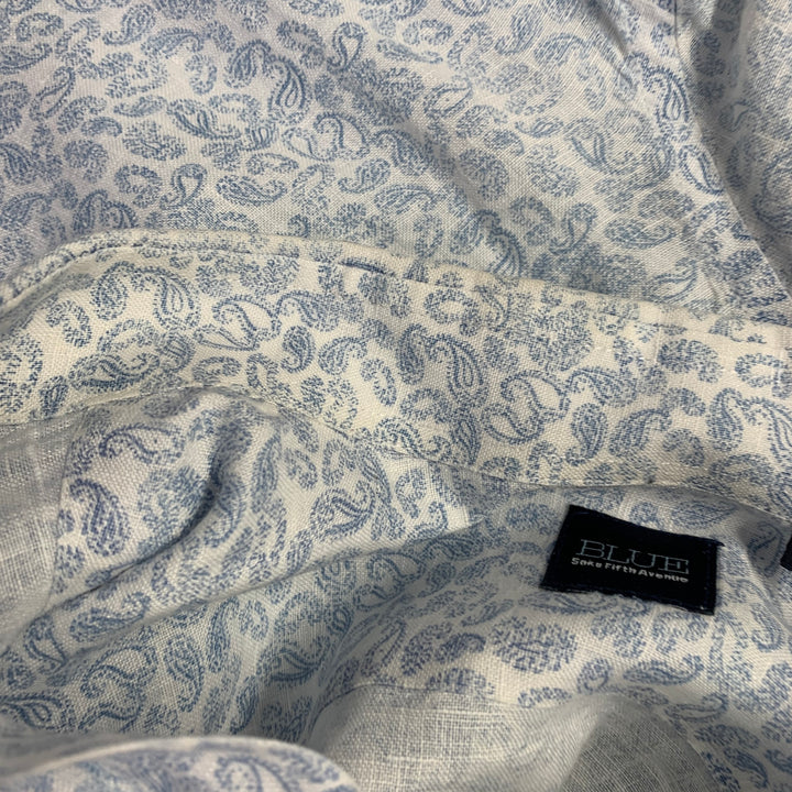 SAKS FIFTH AVENUE Size L White Blue Paisley Linen One Pocket Short Sleeve Shirt