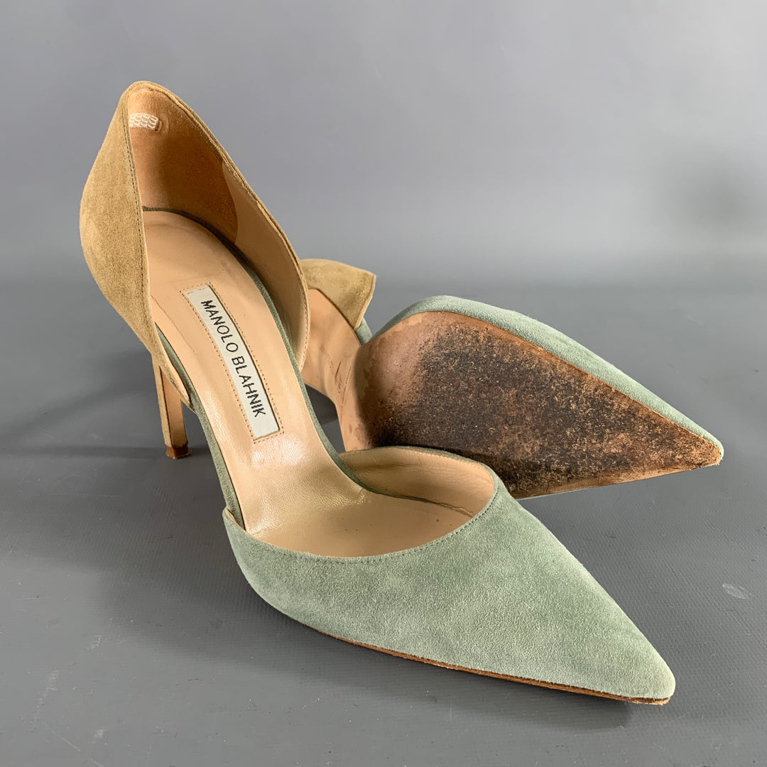 MANOLO BLAHNIK Size 9.5 Sage Tan Suede Two Tone Suede Pointed Toe Pumps