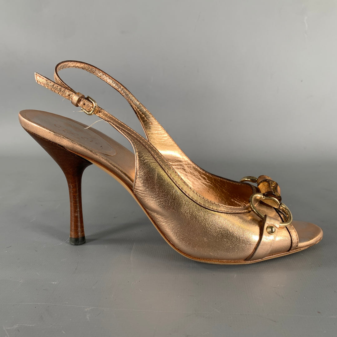 GUCCI Size 6.5 Gold Rose Metallic Ankle Strap Pumps