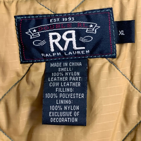 RRL by RALPH LAUREN Size XL Oilcloth Bomber Green Brown Quilted Reversible Nylon Leather Snaps Jacket