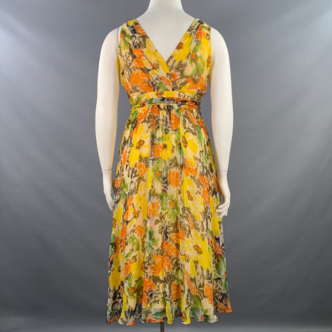 LAFAYETTE 148 Size 10 Yellow Multi Color Silk Chiffon Floral Sleeveless V-Neck Midi Dress