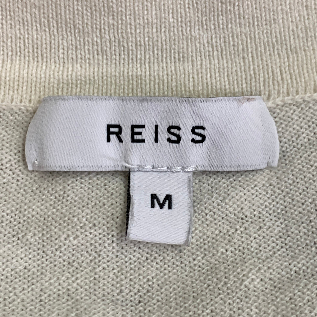 REISS Size M Butler Cream Beige Sage Green Color Block Wool Cotton Jersey Zip Up Polo