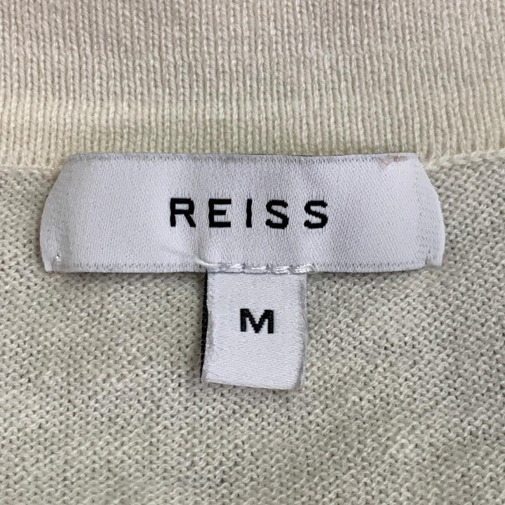 REISS Size M Butler Cream Beige Sage Green Color Block Wool Cotton Jersey Zip Up Polo