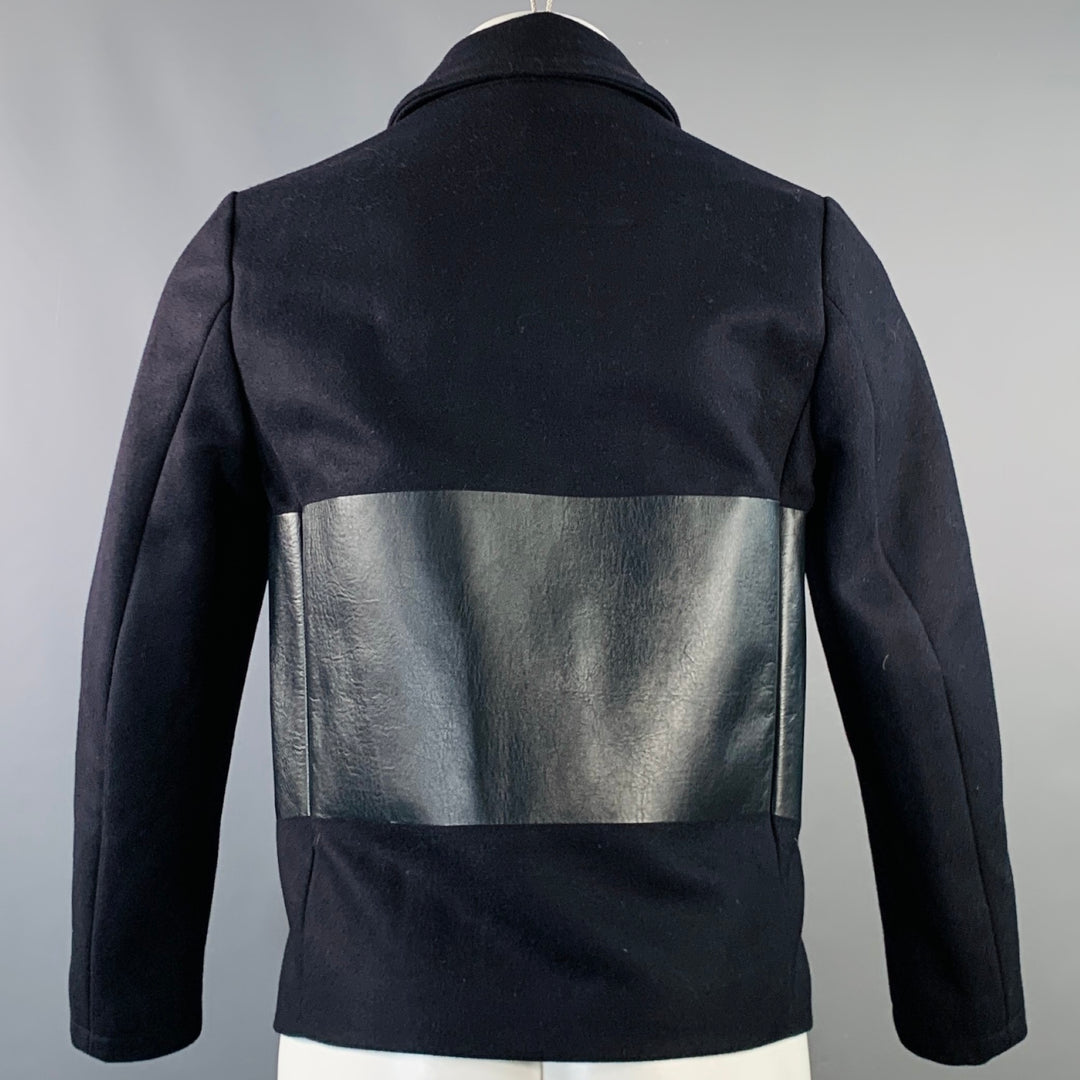 VALENTINO Size 36 Navy Wool Lambskin Leather Double Breasted Peacoat