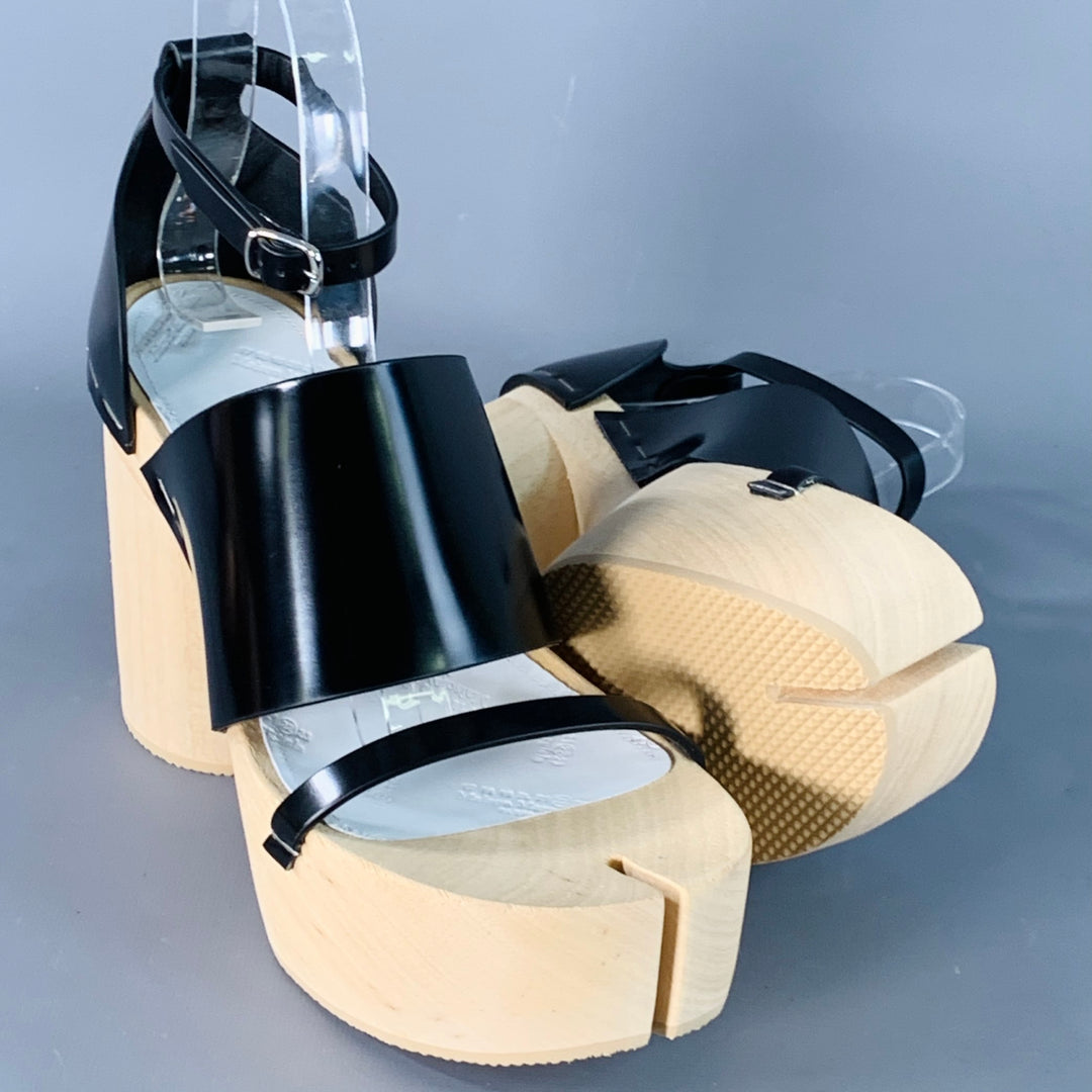 MAISON MARGIELA Size 9 Black Natural Leather Wood Platform Tabi Sandals