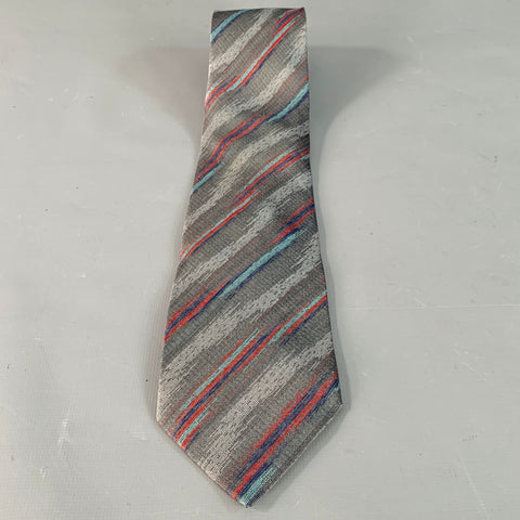 FENDI One Size Grey Red Diagonal Stripe Silk Tie