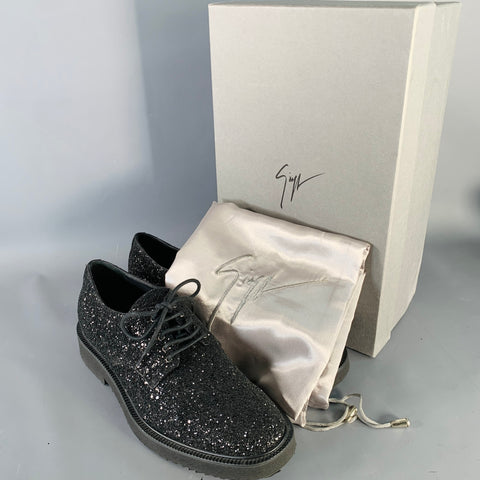GIUSEPPE ZANOTTI Size 8 Black Glitter Leather Derby Lace-Up Shoes