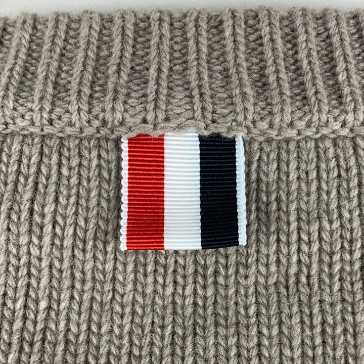 THOM BROWNE Size XL Oatmeal White Stripe Wool Knit Crew-Neck Sweater