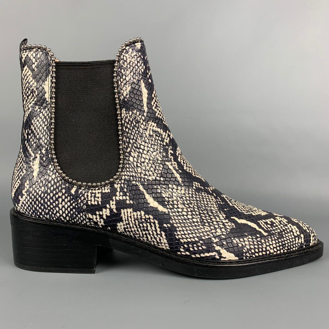 COACH Talla 11 Botas de piel de serpiente sintética en relieve en blanco y negro
