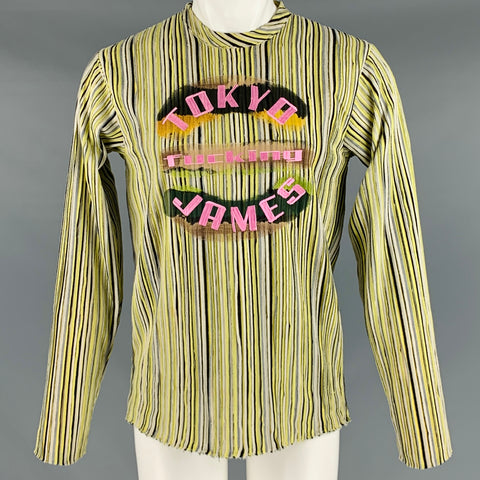 TOKYO JAMES Size M Yellow Black Stripe Mixed Fabrics Long Sleeve Pullover