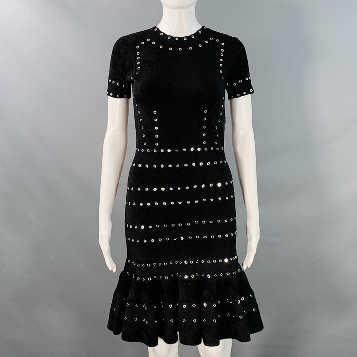ALEXANDER MCQUEEN Size S Black Viscose Blend Studded Trim Flounce Dress