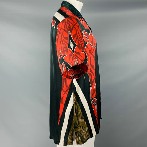 PHIPPS Size L -Dragon Warrior- Red Black Graphic Viscose Short Sleeve Shirt