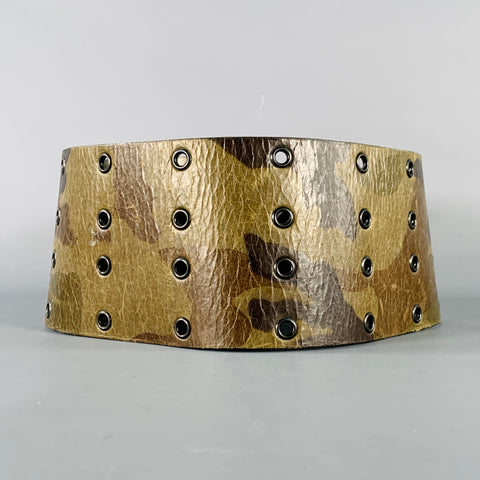 PLEIN SUD Green Brown Camouflage Leather Wide Belt