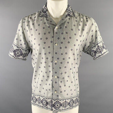 REISS Size M Grey Navy Bandana Cotton Camp Short Sleeve Shirt
