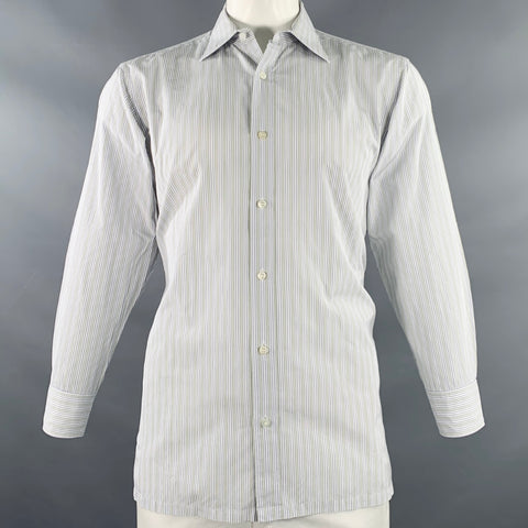 CHARVET Size L White Navy Green Stripe Cotton Curved Cutaway Long Sleeve Shirt