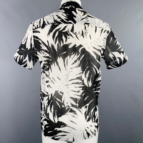 SAINT LAURENT Size M Black White Leaves 2 Pockets Short Sleeve Shirt