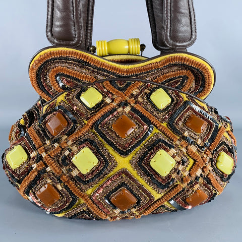 JAMIN PUECH Brown Yellow Beaded Cotton Leather Handbag