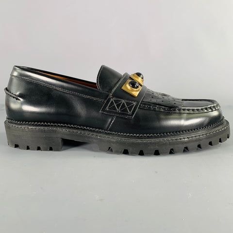 ETRO Size 12 Black Gold Studded Leather Moccasin Loafers