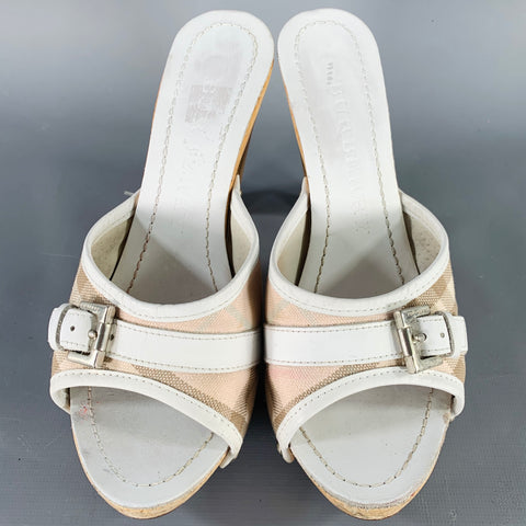 BURBERRY Size 7 White Beige Leather Plaid Buckle Sandals