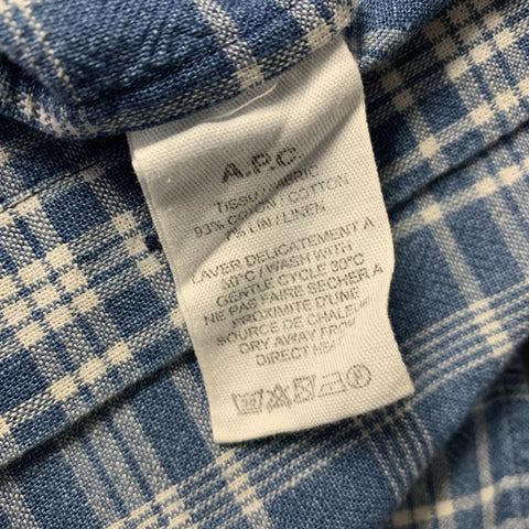 APC Size M Blue White Plaid Cotton Linen Button Up Long Sleeve Shirt