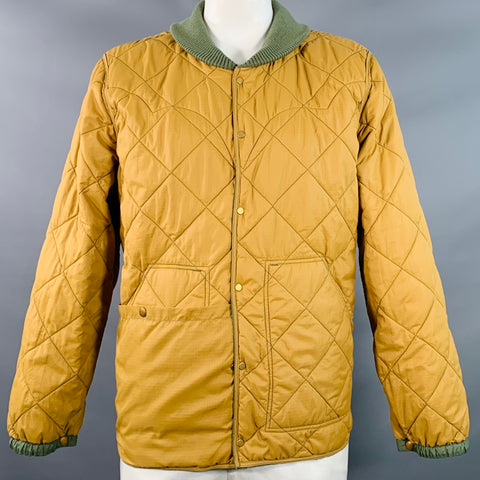 RRL by RALPH LAUREN Size XL Oilcloth Bomber Green Brown Quilted Reversible Nylon Leather Snaps Jacket