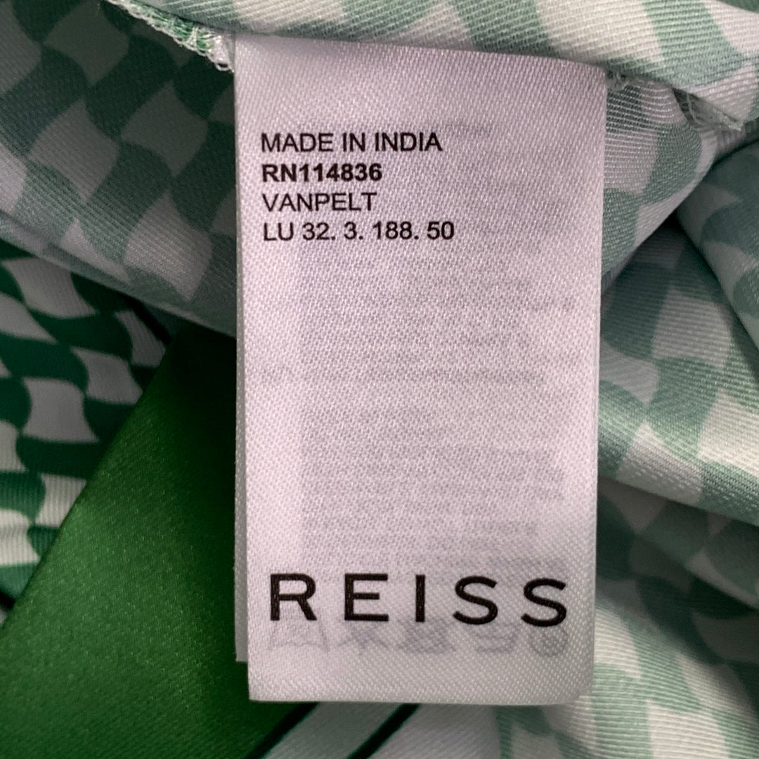 REISS Size M Vanpelt Green Ivory Geometric Polyester Regular Fit Camp Short Sleeve Shirt