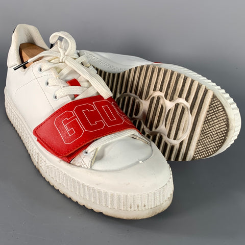 GCDS Size 9 White Red Black Leather Logo Low Top Platform Sneakers