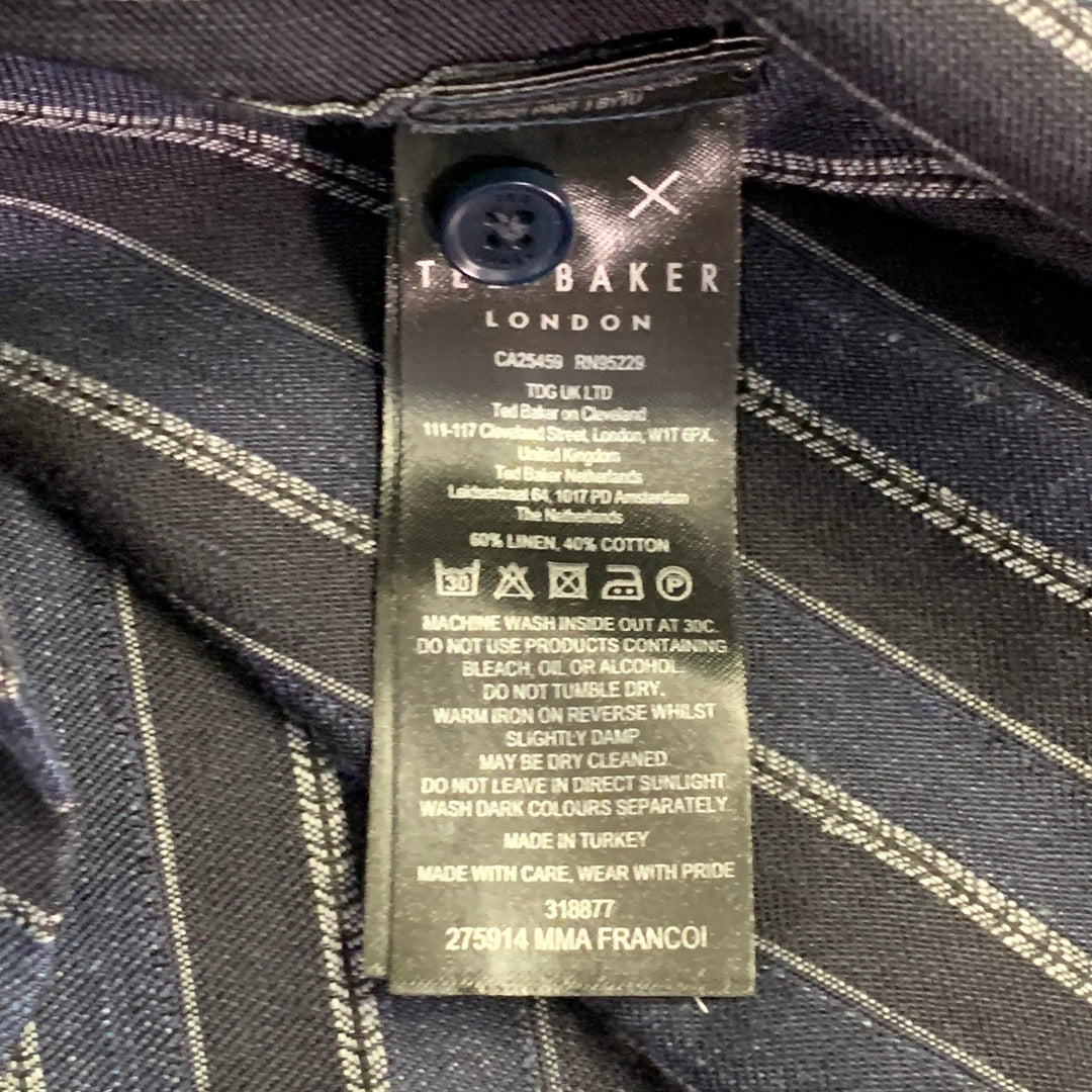 TED BAKER Size L Francoi Navy Black Stripe Linen Cotton Relaxed Camp Short Sleeve Shirt