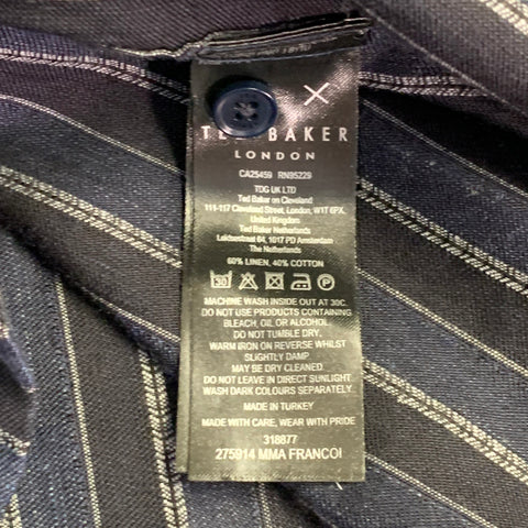 TED BAKER Size L Francoi Navy Black Stripe Linen Cotton Relaxed Camp Short Sleeve Shirt
