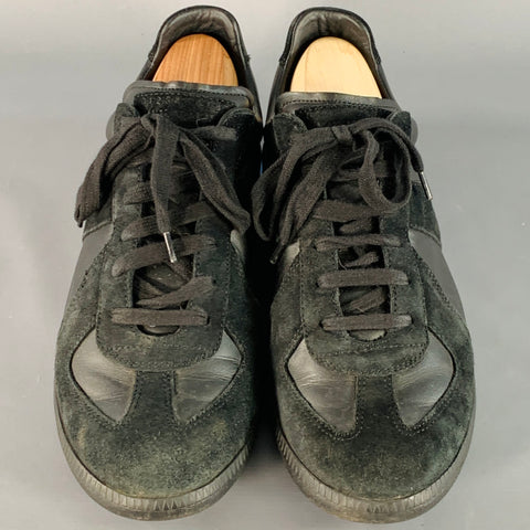 MAISON MARGIELA Size 10 Black Leather Suede Low Top Sneakers