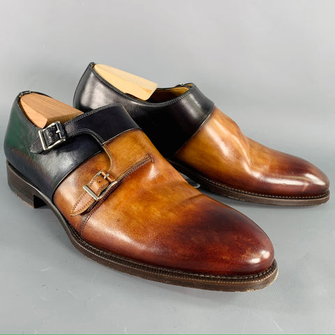 MAGNANNI Size 9.5 Neto Brown Navy Leather Monk Strap Loafers