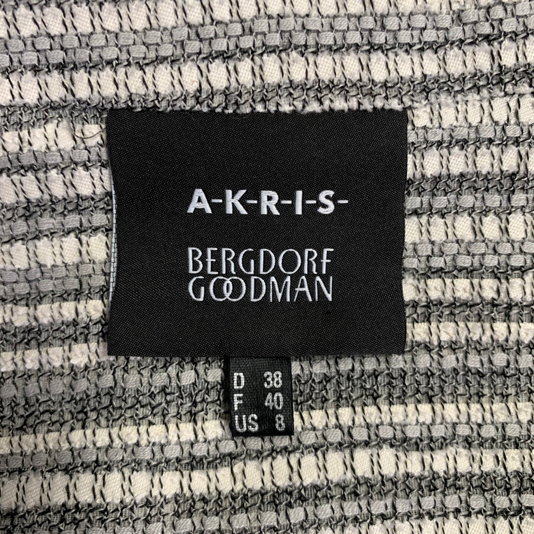 AKRIS Size 8 Grey White Cotton Wool Stripe Open Front Jacket