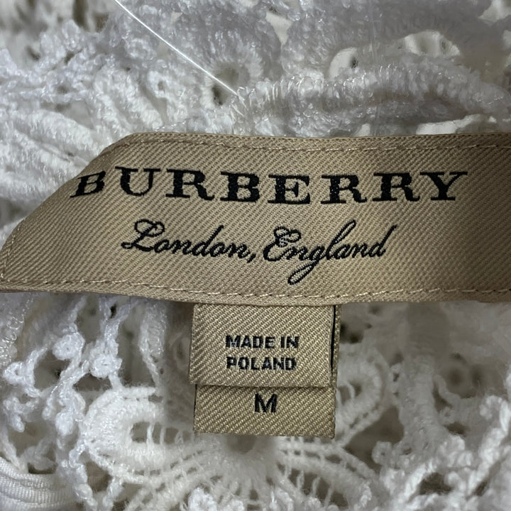 BURBERRY Size M White Cotton Blend Guipure Lace Long Sleeve Blouse