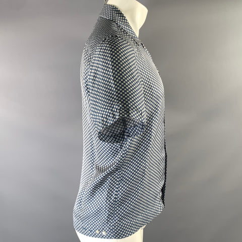 SANDRO Size S Blue White Geometric Silk Button Up Short Sleeve Shirt
