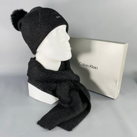 CALVIN KLEIN Black Silver Knit Polyester Blend Scarf Beanie Set