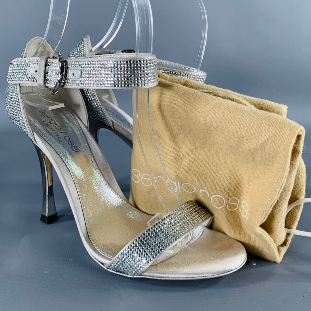 SERGIO ROSSI Size 5.5 Silver Grey Silk Ankle Strap Sandals