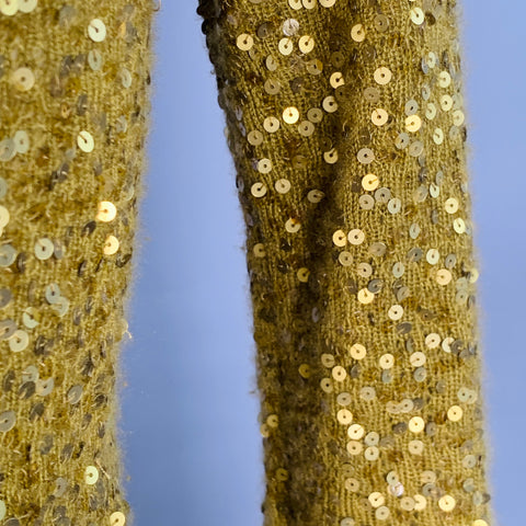 DONNA KARAN Size S Gold Olive Cashmere Silk Sequined V-Neck Long Sleeve Pullover
