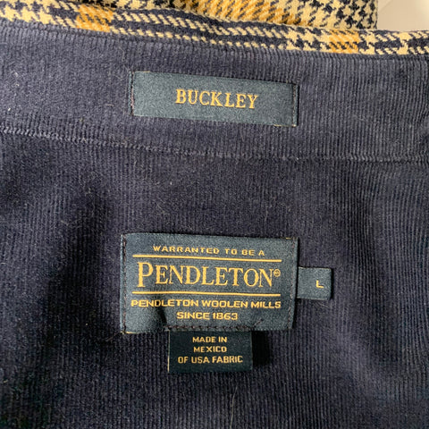 PENDLETON Size L Navy Tan Houndstooth Stripe Wool Long Sleeve Shirt