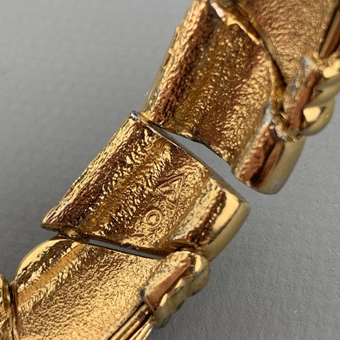 Vintage Gold Tone Metal Rhinestones Textured Open Cuff Bracelet