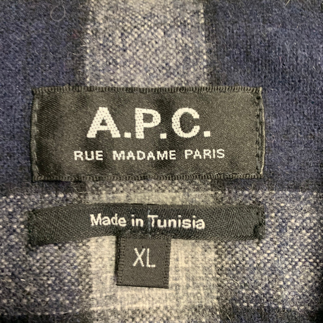 A.P.C. Size XL Navy Grey Plaid Wool Blend Button Up Long Sleeve Shirt