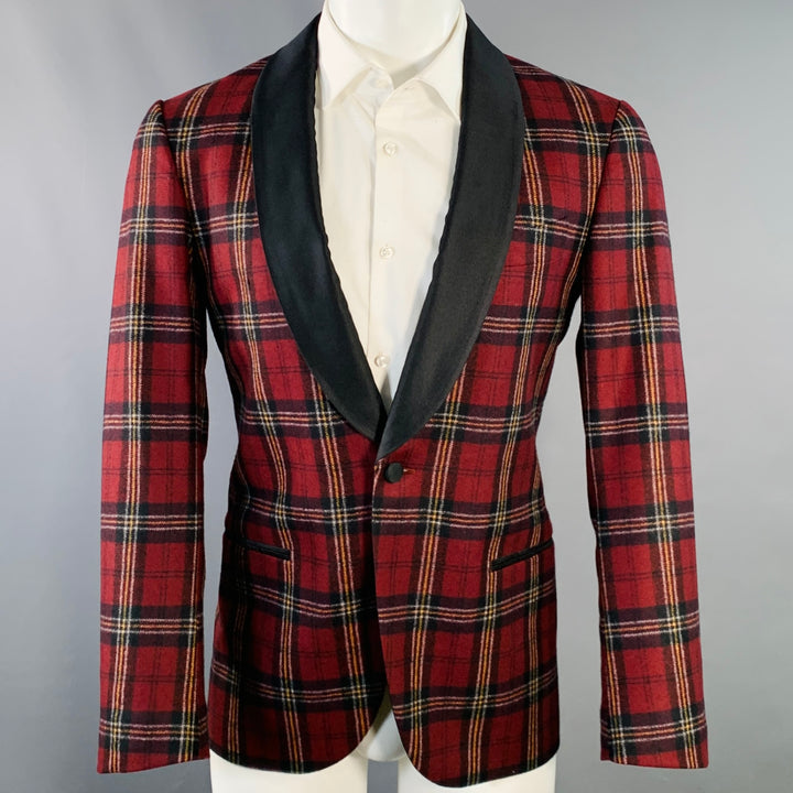 SUITSUPPLY Size 36 Burgundy Black Orange Plaid Wool Single Button Sport Coat
