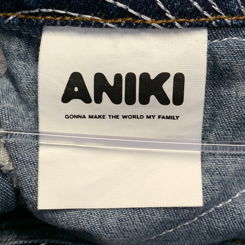 ANIKI Size L Indigo White Embroidery Cotton Wide Leg Straight Zip Fly Jeans