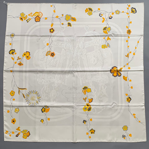HERMES Ivory Yellow Orange Print Silk Scarves