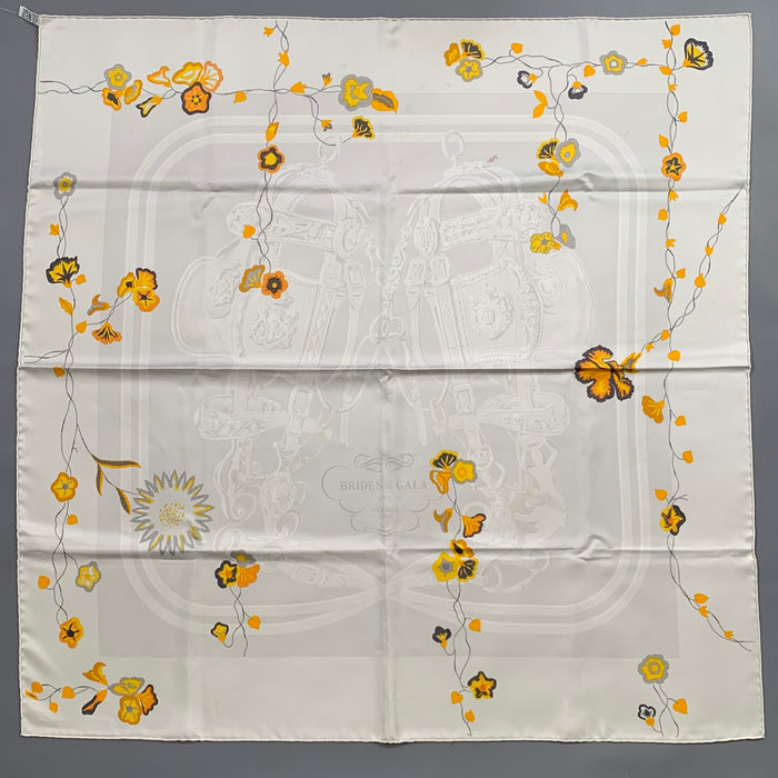 HERMES Ivory Yellow Orange Print Silk Scarves