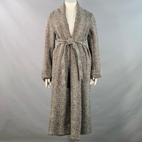 HERNO Size XL Black White Virgin Wool Blend Herringbone Belted Robe Coat